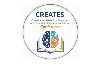 logo for the CREATES Conference featuring an open book with a multi-colored brain image