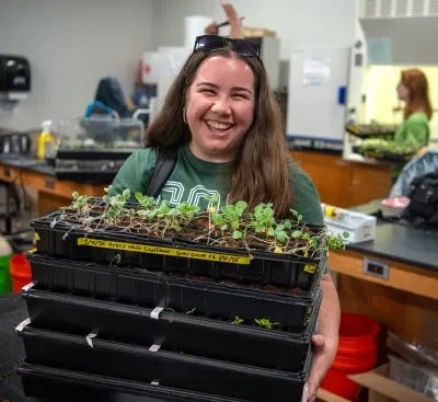 Volunteer in microfarm lab holding stacks of black plant holders 