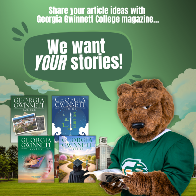 General says, "We want your stories," while reading a magazine. Georgia Gwinnett magazine covers are displayed.